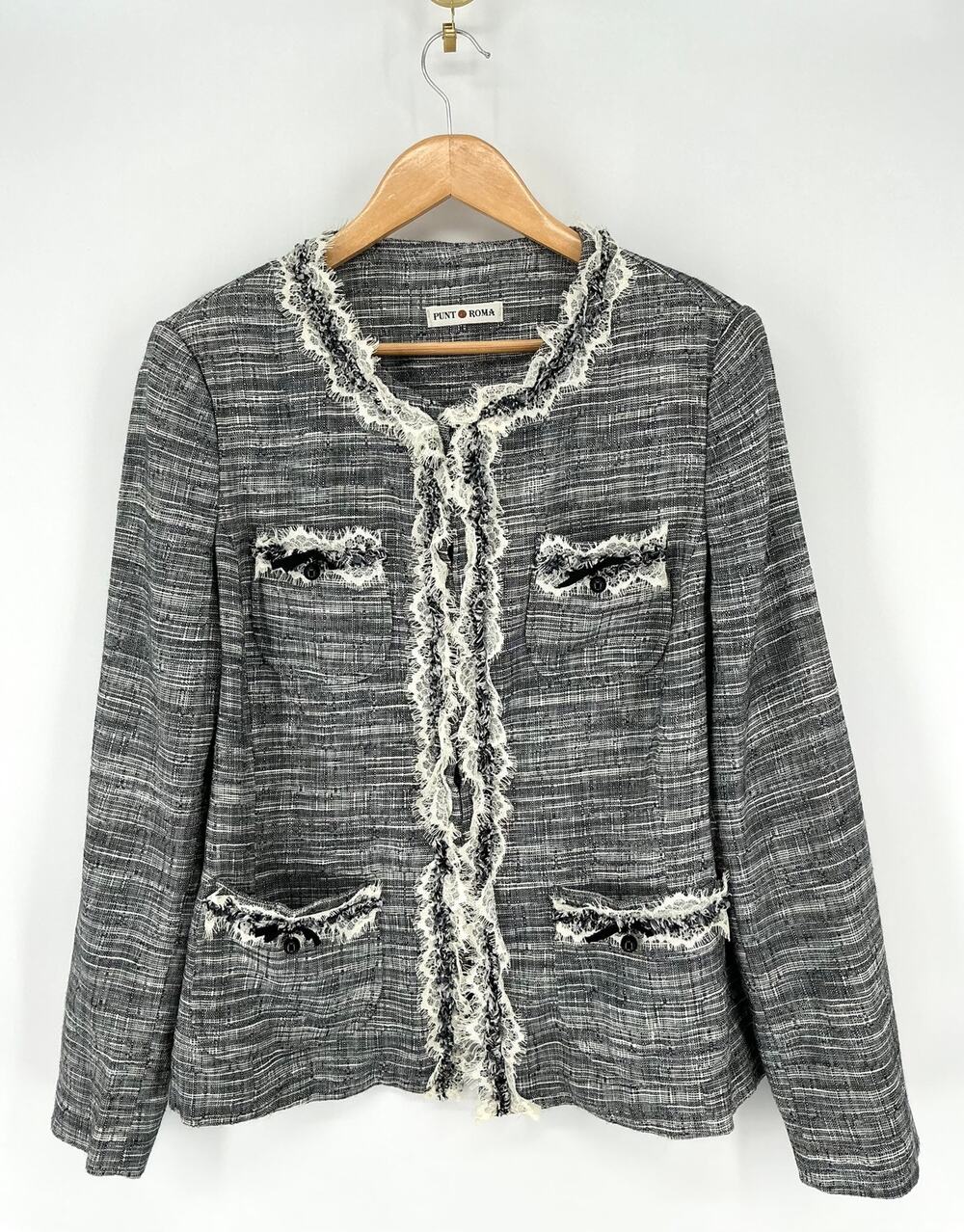 Punt Roma Womens 44 Tweed Jacket Black White Fringe Collarless 4 Pocket Blazer